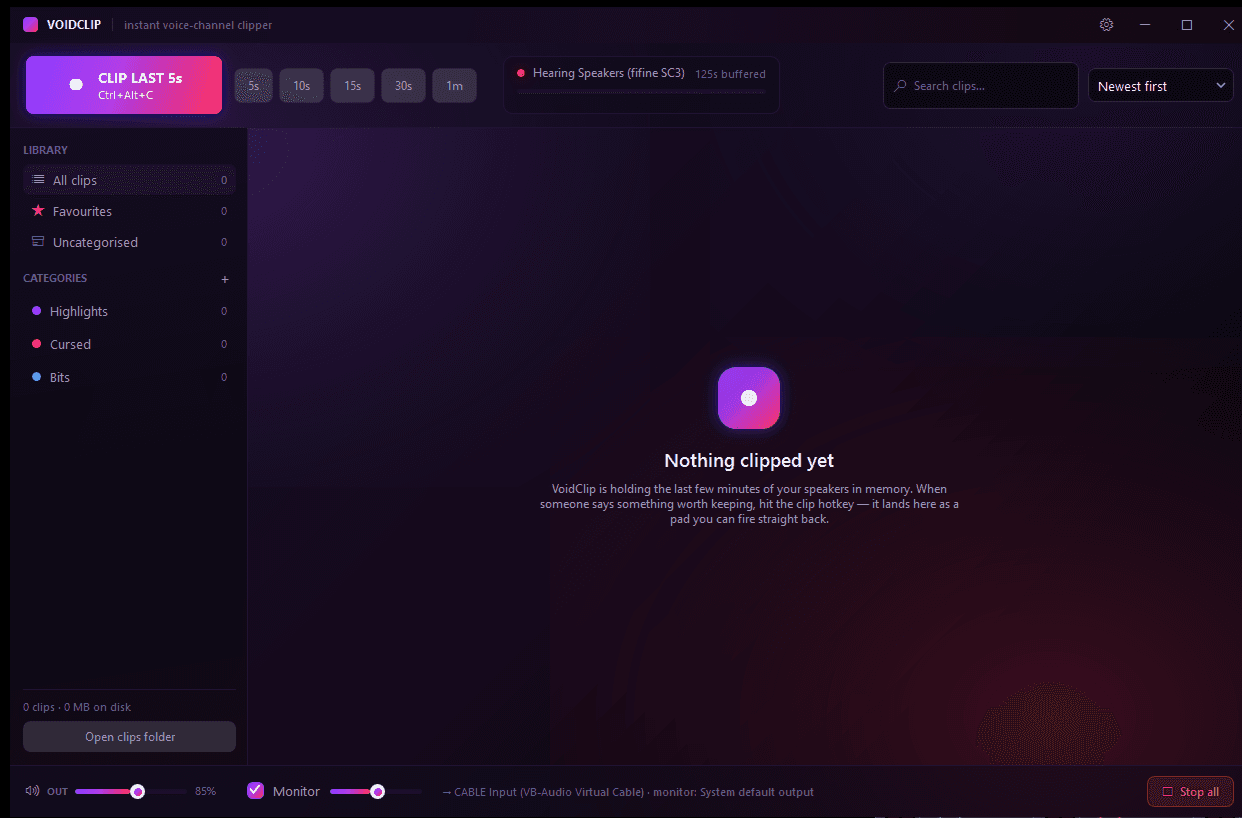 main UI and how it looks. It is obsidian shaded and sleek with a sidebar for categorizing clips and a settings button next to the setting button next to the minimize key